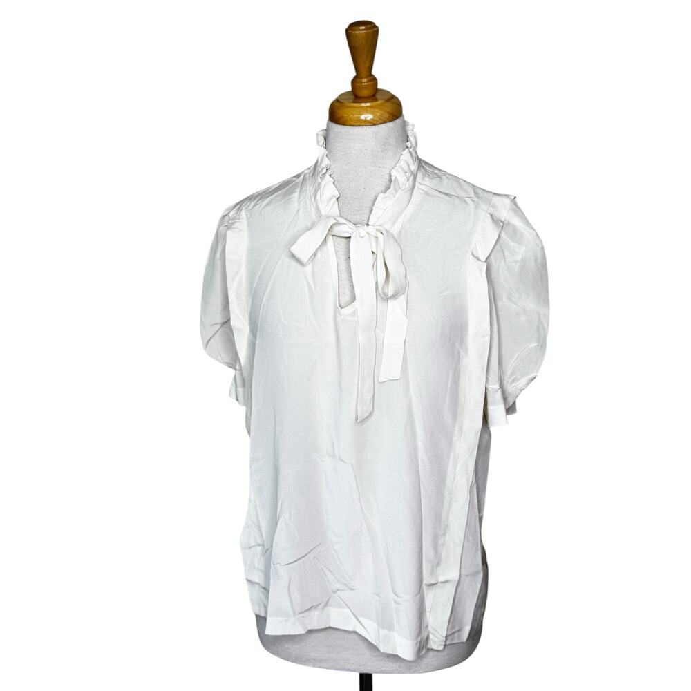 SANDRO 100% Silk Off White Ruffled Tie Up Short Sleeve Blouse Size 2 /Medium
